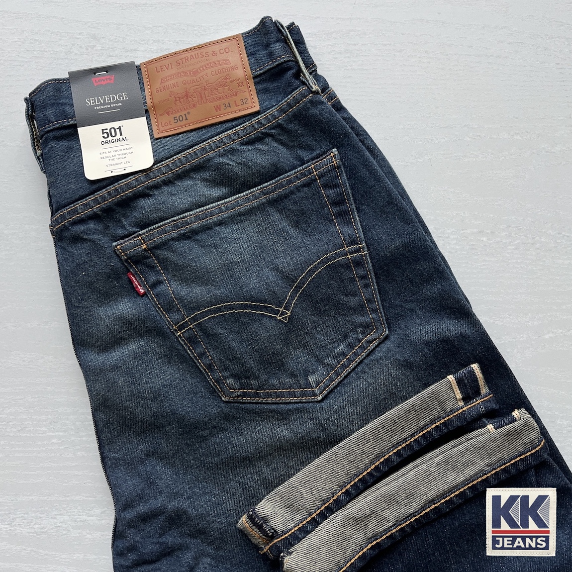 กางเกงยีนส์ LEVI'S Premium 501 บิ๊ก E ริมแดง สีน้ำเงิน ผ้าฟอกเซอ ของแท้ 100%