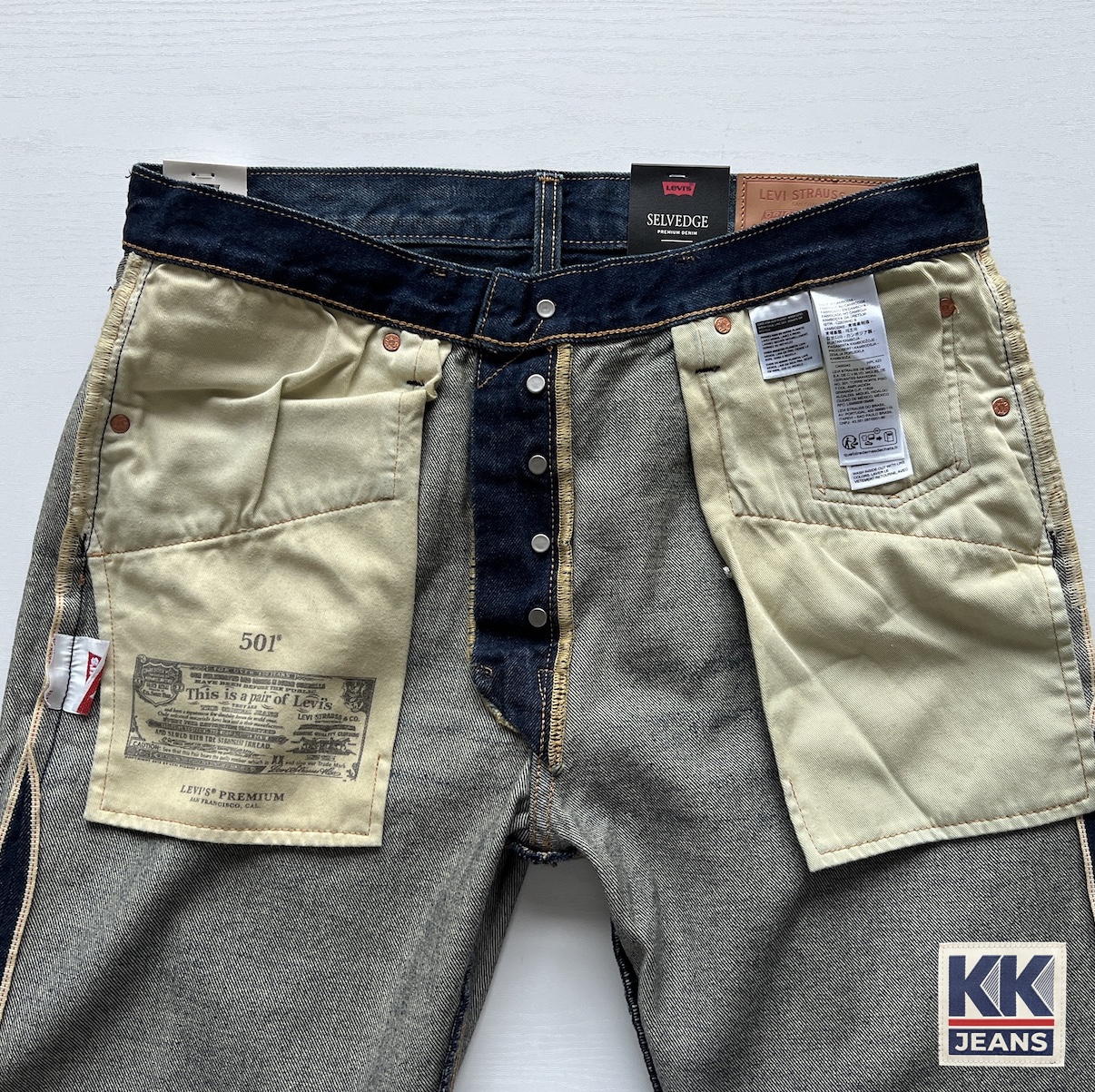 กางเกงยีนส์ LEVI'S Premium 501 บิ๊ก E ริมแดง สีน้ำเงิน ผ้าฟอกเซอ ของแท้ 100% 10